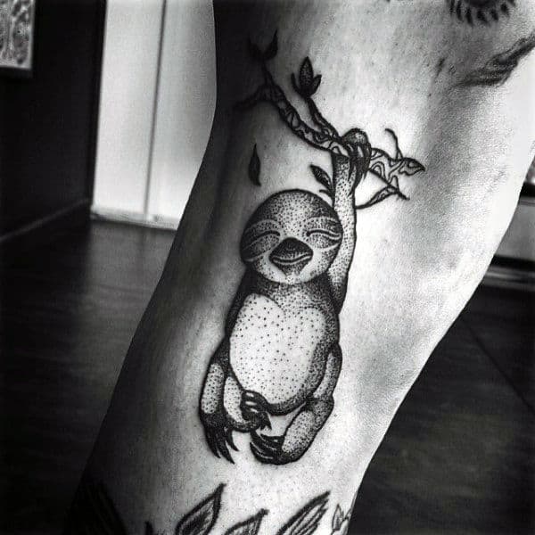 Small Simple Guys Sloth With Claw Hanging On Tree Branch Guys Leg Tattoos