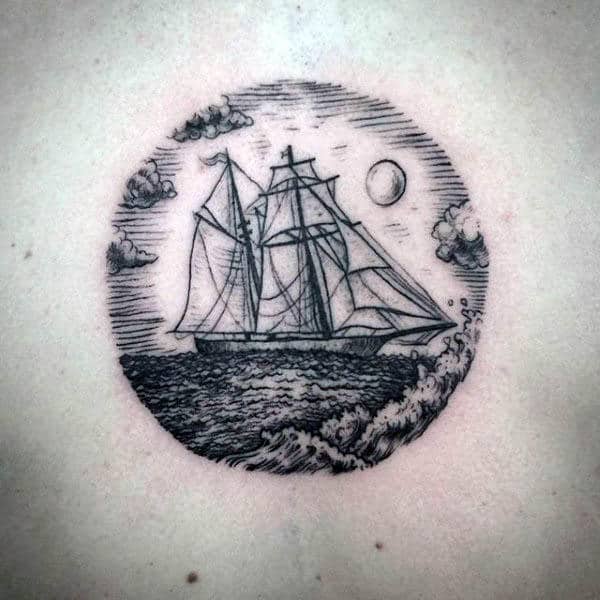 Small Simple Lines Sailboat Tattoo For Guys On Chest