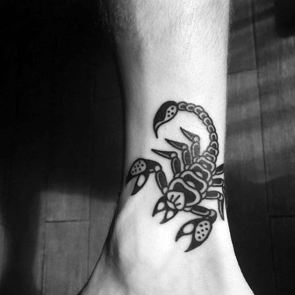 Small Simple Lower Leg Tattoo Of Traditional Scorpion On Man