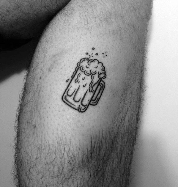 Minimalist black line tattoo of a frothy beer mug with bubbles and sparkles above, giving it a fun, lighthearted, and slightly whimsical feel.
