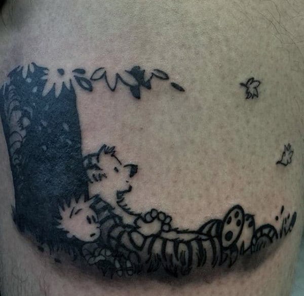 Small Simple Mens Calvin And Hobbes Under Tree Black Ink Tattoo On Chest