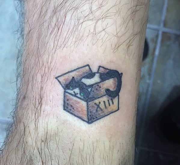 Small playful tattoo of a black cat lounging inside a box, featuring a simple and whimsical design with Roman numerals on the side.