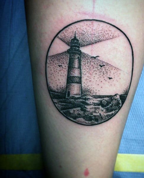 Small Simple Mens Circle Lighthouse Tattoos
