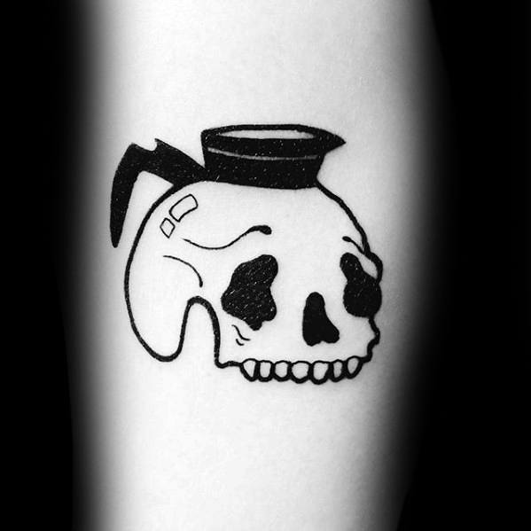 Small Simple Mens Cool Coffee Pot Themed Skull Tattoo Design Inspiration On Forearm