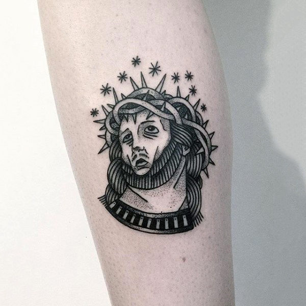 Small Simple Mens Creative Black Ink Jesus Inner Forearm Tattoo