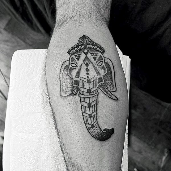Small Simple Mens Dotwork Ganesh Leg Tattoo Ideas
