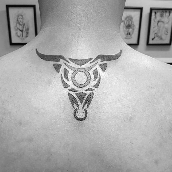 Small Simple Mens Dotwork Tribal Bull Skull Upper Back Tattoo