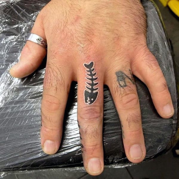 Small Simple Mens Fish Skeleton Finger Tattoo