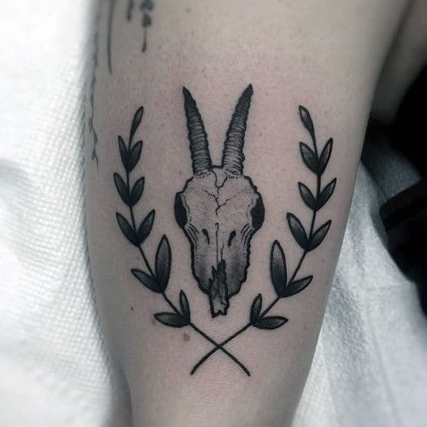 Small Simple Mens Goat Skull With Olive Branch Capricorn Tattoo