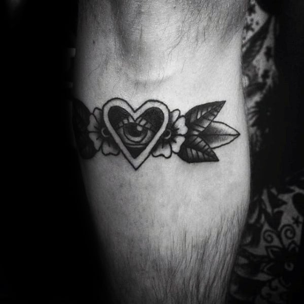 Small Simple Mens Heart Eye With Flower Leg Traditional Tattoo