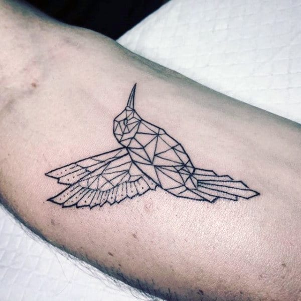 Small Simple Mens Hummingbird Black Ink Outline Geometrical Forearm Tattoos