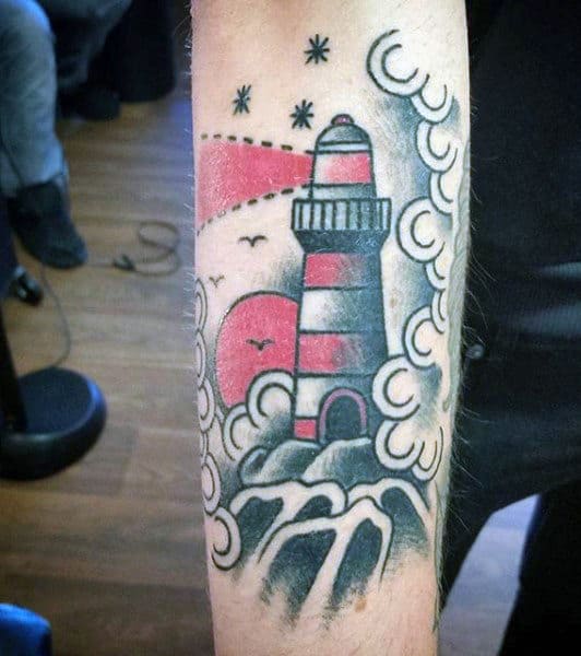 Small Simple Mens Lighthouse Tattoo In Red
