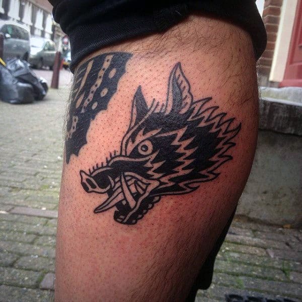 Small Simple Mens Old School Boar Leg Tattoo With Black Ink Design