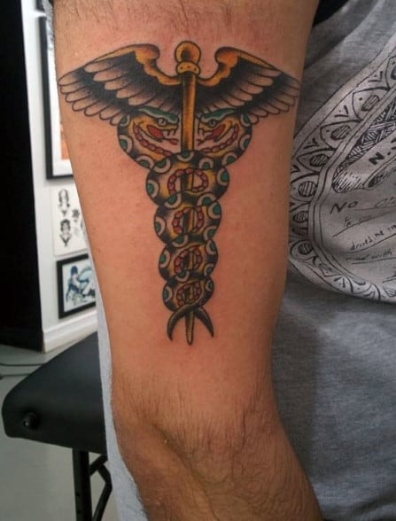 Small Simple Mens Old School Caduceus Arm Tattoo