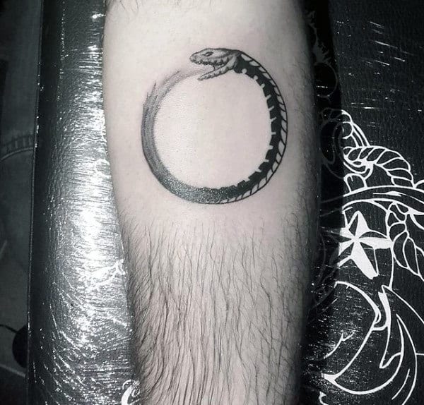 Small Simple Mens Ouroboros Leg Tattoo Ideas