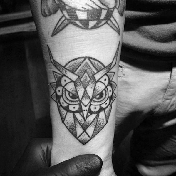 Small Simple Mens Shaded Geometric Owl Forearm Tattoo