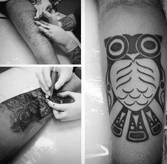 Small Simple Mens Tribal Owl Haida Tattoo Designs On Leg