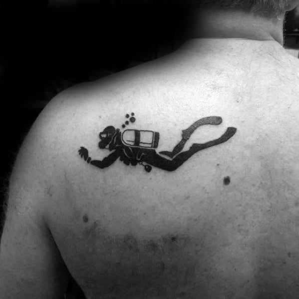 Small Simple Mens Upper Back Shoulder Blade Tattoo With Diver Design