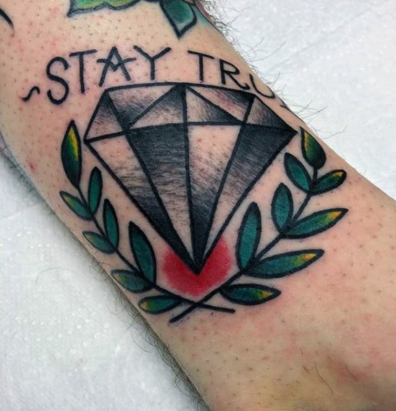 Small Simple Old School Male Stay True Diamond Tattoo With Olive Branches On Arm