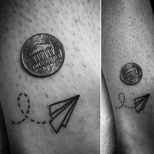 Small Simple Paper Airplane With Trail Mens Lower Leg Tattoo