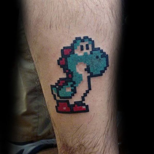 Small Simple Pixel 8 Bit Leg Yoshi Tattoo On Men