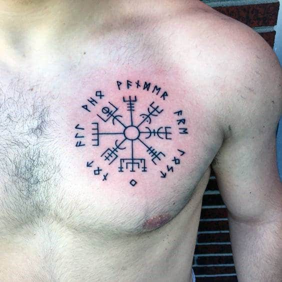 Small Simple Rune Black Ink Guys Chest Tattoos