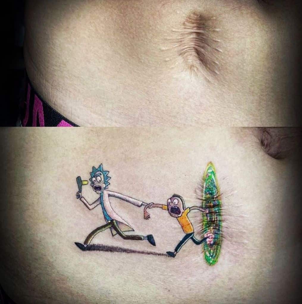 A colorful tattoo of two cartoon characters running from a portal, with one being pulled in, creatively incorporating a belly button as part of the design.