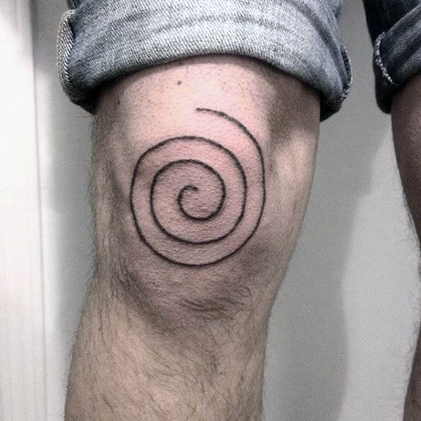 Small Simple Spiral Black Ink Lines Male Knee Tattoo