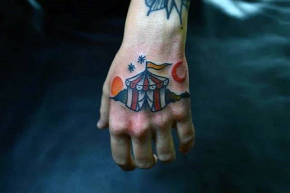 Small Simple Traditional Hand Circus Tent Tattoo Ideas For Males