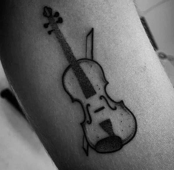 Simple blackwork tattoo of a violin with dot shading and clean outlines, paired with a bow crossing behind it for a minimal yet stylish look.