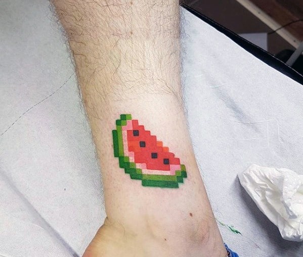 Small Simple Watermellon Pixel Lower Leg Tattoo Ideas For Males