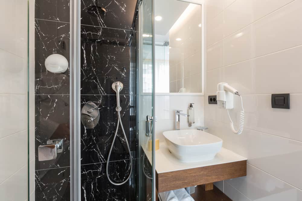 black and white small tile bathroom