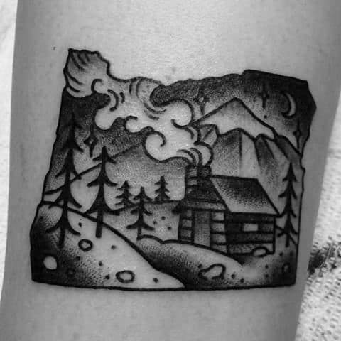 Small State With Traditional Cabin Mens Arm Tattoo