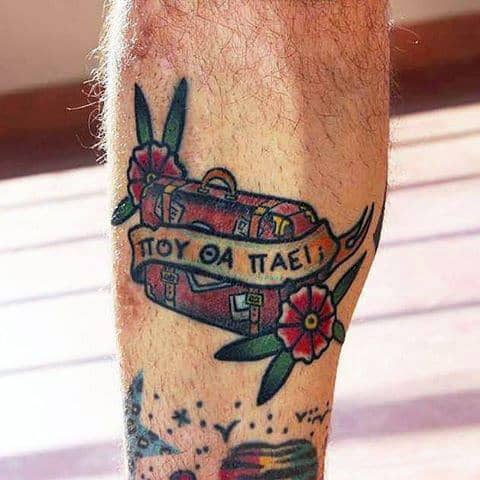 Small Suit Case With Flowers Mens Old School Travel Tattoo Design Inspiration