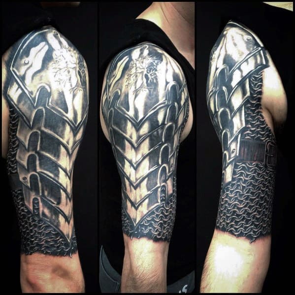 Armored medieval knight tattoo on a person's upper arm, shown from three angles