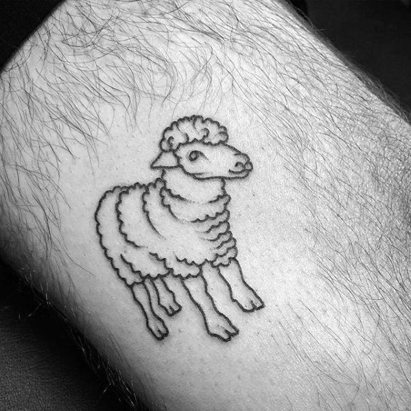 Line art tattoo of a sheep on a person's hairy skin