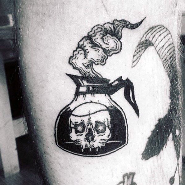 Small Thigh Coffee Pot Steaming With Skull Tattoos Male