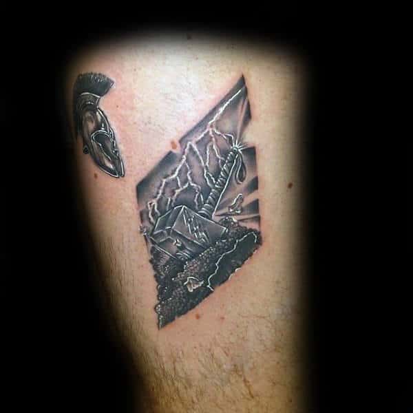 Small Thigh Thor Hammer Tattoos For Guys