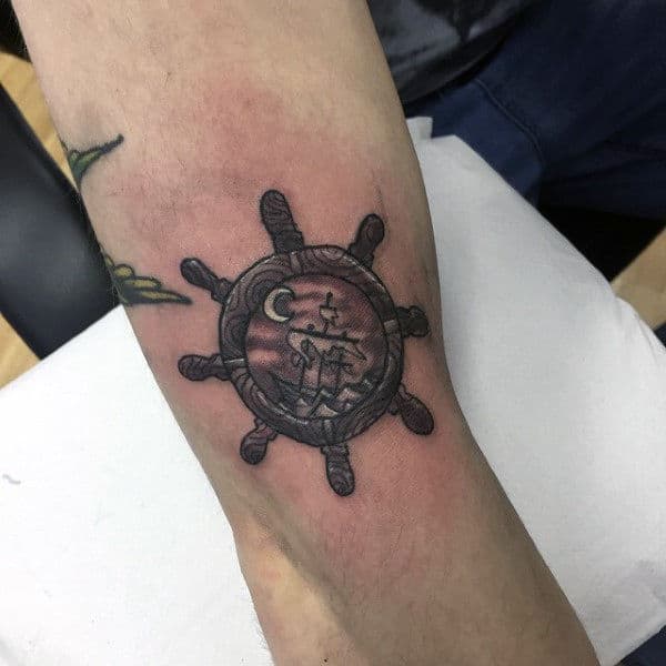 Small Tiny Ship Wheel And Moon Tattoo On Men
