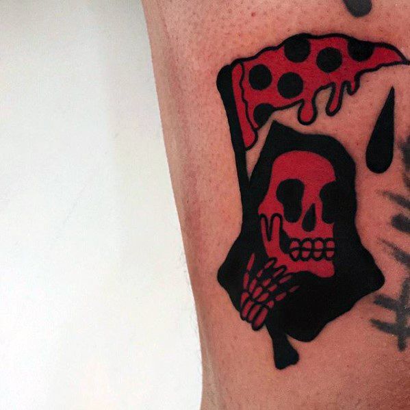 Small Traditional Black And Red Ink Grim Reaper Pizza Mens Tattoo Ideas