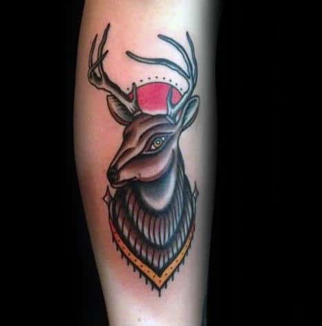 Small Traditional Deer Guys Leg Tattoo