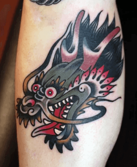 Small Traditional Dragon Mens Leg Tattoo