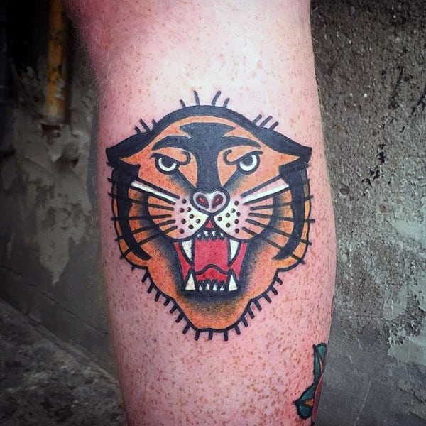 Small Traditional Mens Tiger Leg Calf Tattoo Deisgn
