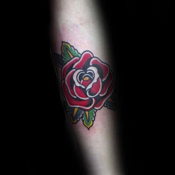 Small Traditional Red Rose Male Outer Forearm Tattoo Design Ideas