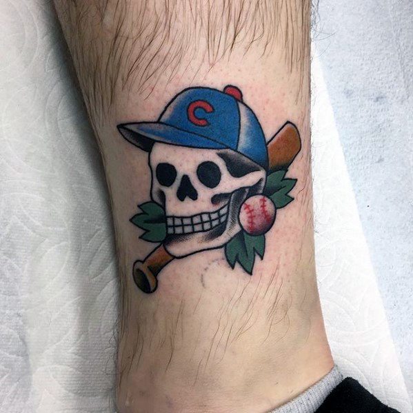 Small Traditional Skull Chicago Cubs Lower Leg Tattoo Design On Man