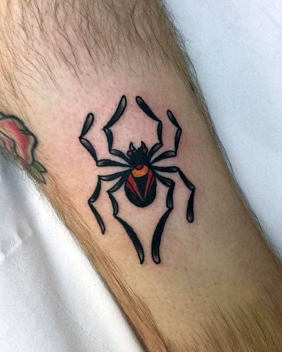 Small Traditional Tattoo Of Spider On Mans Forearm