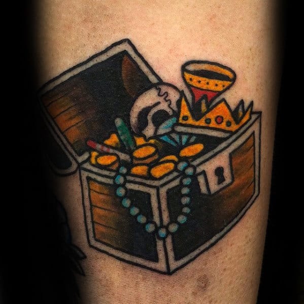 Small Treasure Chest Mens Old School Tattoo Ideas On Arm