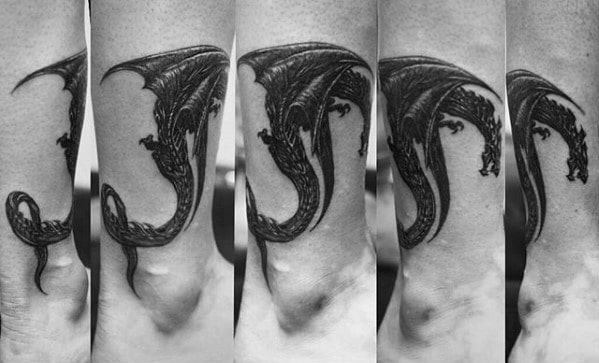 Small Tribal Flying Dragon Male Lower Leg Tattoo Design
