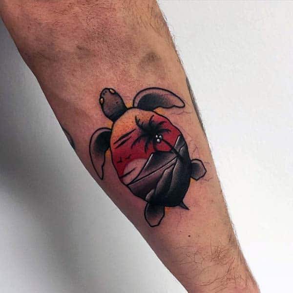 Small Turtle Palm Tree Sunset Mens Forearm Tattoos