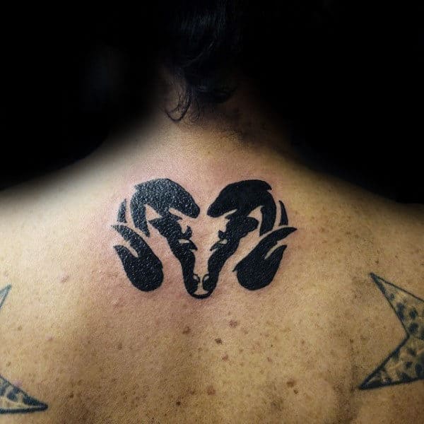 Small Upper Back Mens Black Ink Ram Tattoo